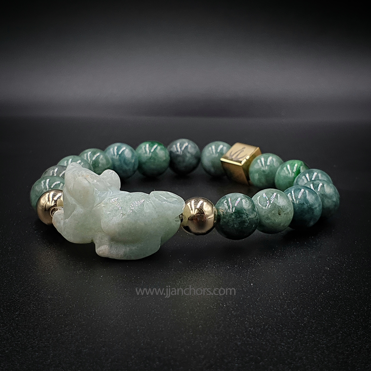 Burmese Jade Lucky Pi Yao | Mountain Jade | 12K Gold