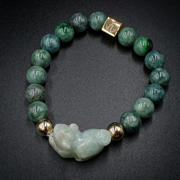 Burmese Jade Lucky Pi Yao | Mountain Jade | 12K Gold