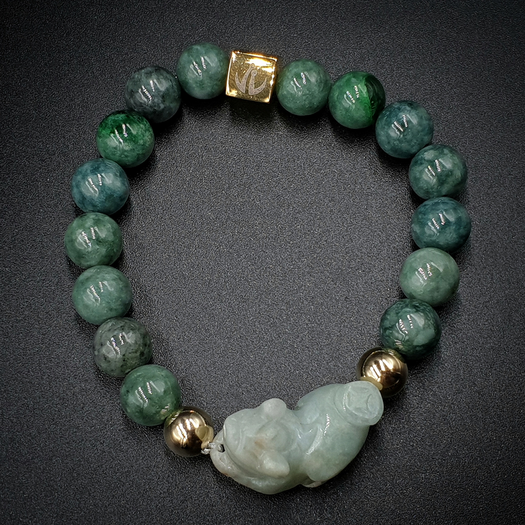 Burmese Jade Lucky Pi Yao | Mountain Jade | 12K Gold