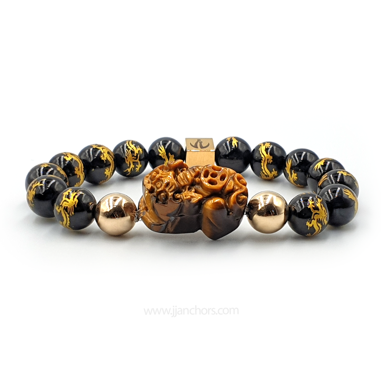 Carved Ancient Pi Yao | Dragon Mantra Black Obsidian | 12K Gold