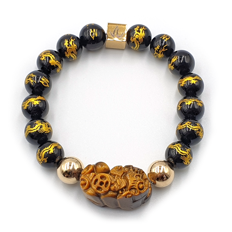 Carved Ancient Pi Yao | Dragon Mantra Black Obsidian | 12K Gold