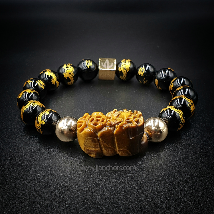 Carved Ancient Pi Yao | Dragon Mantra Black Obsidian | 12K Gold