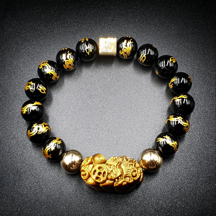 Carved Ancient Pi Yao | Dragon Mantra Black Obsidian | 12K Gold