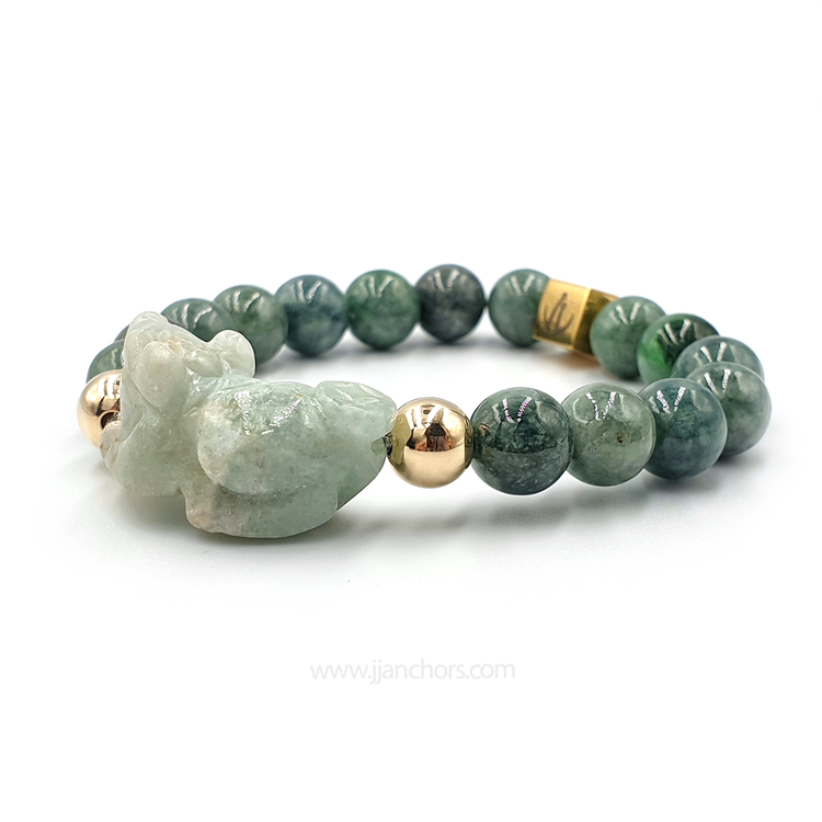 Burmese Jade Lucky Pi Yao | Mountain Jade | 12K Gold