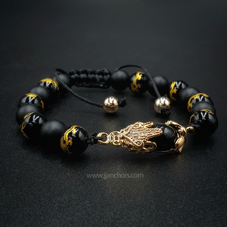 Black Money Catcher PiYao Bracelet with 12K Gold & Dragon Mantra