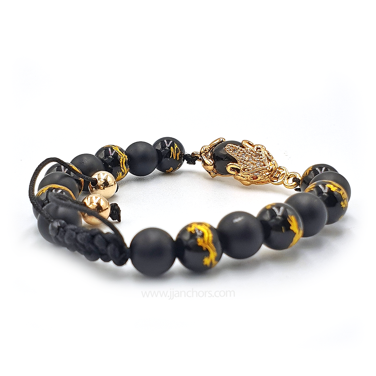 Black Money Catcher PiYao Bracelet with 12K Gold & Dragon Mantra