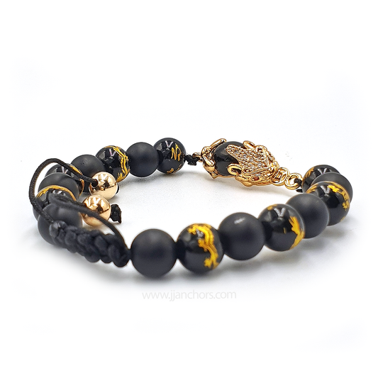 Black Money Catcher PiYao Bracelet with 12K Gold & Dragon Mantra