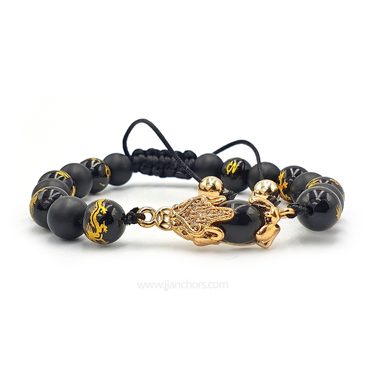 Black Money Catcher PiYao Bracelet with 12K Gold & Dragon Mantra