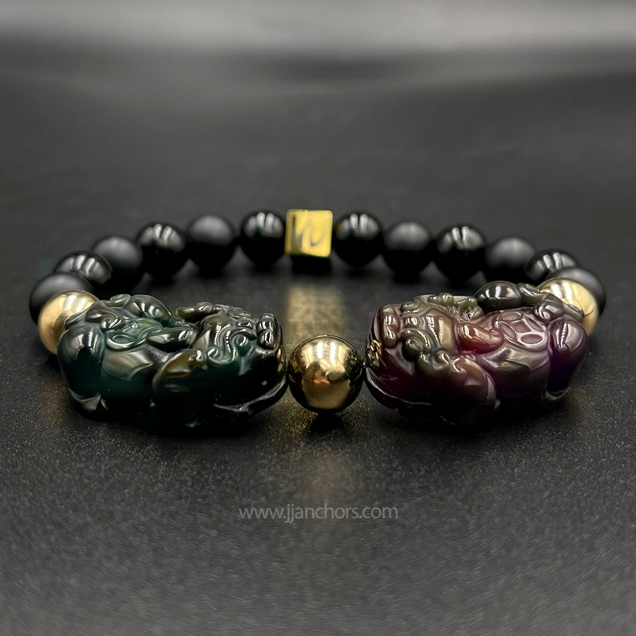 Carved Double Rainbow Obsidian Lucky Piyao | Black Onyx | 12K