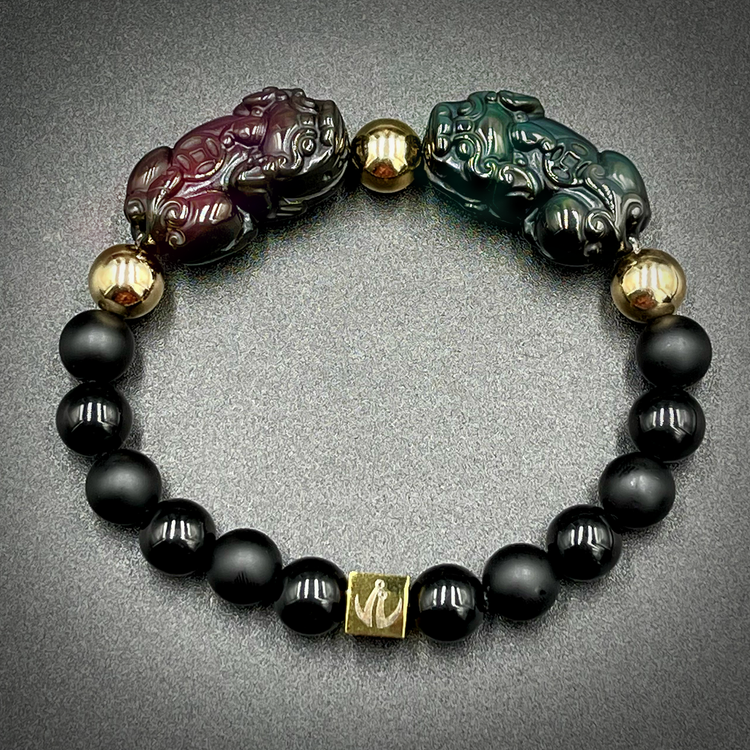 Carved Double Rainbow Obsidian Lucky Piyao | Black Onyx | 12K