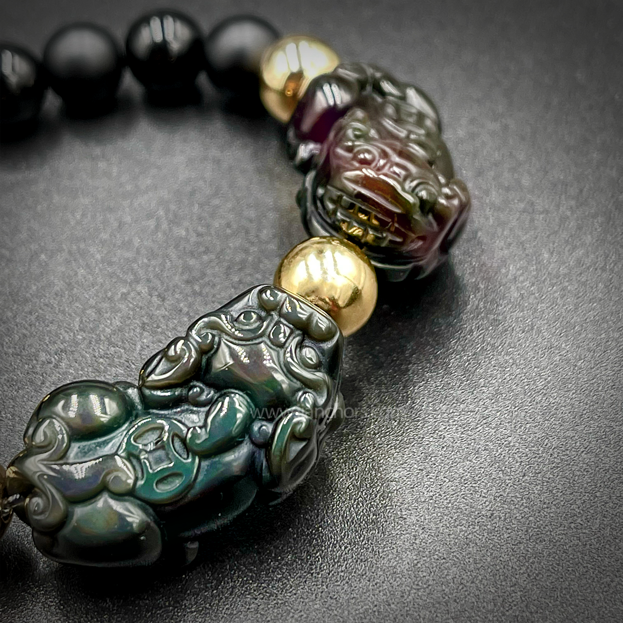 Carved Double Rainbow Obsidian Lucky Piyao | Black Onyx | 12K